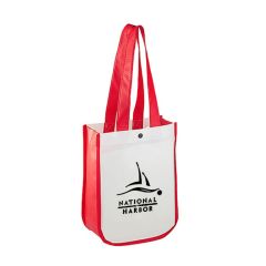 white tote bag with a red trim and an imprint saying national harbor