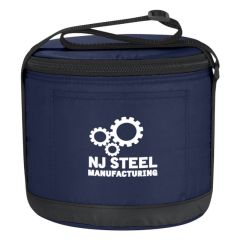 navy round cooler bag with adjustable strap, front pocket, and zippered main compartment
