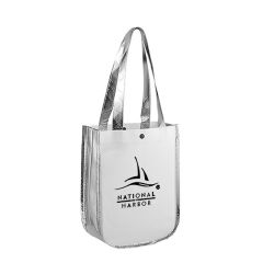 silver metallic tote bag with an imprint saying national harbor