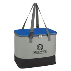 blue, gray, and black cooler bag with adjustable strap and zippered main compartment and an imprint saying everlasting investment banking