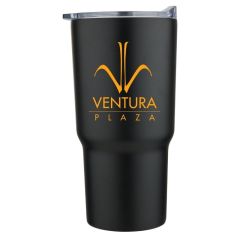 black stainless steel tumbler with a clear lid and an imprint saying Ventura Plaza