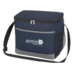 navy and gray cooler bag with adjustable strap, front and side pocket, and zippered main compartment