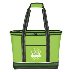 green cooler tote bag with mesh bottom, front pocket, web carrying handles, zippered compartments, and an imprint saying Bayside Marina