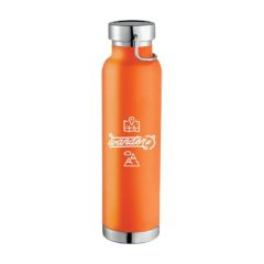orange stainless steel with silver base and screwable lid and an imprint saying Wander