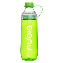 green plastic bottle with a twistable lid and an imprint saying Nuolo