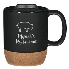 black cork base mug with an imprint saying Myrick's restaurant black lid