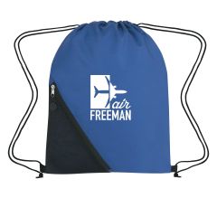 Personalized drawstring bag with front zippered pocket and earbud slot