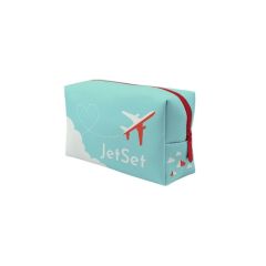 a full color cosmetic bag with an imprint of a plane and text below saying jet set