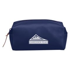 navy cosmetic bag with leatherette zipper pull and an imprint saying Shredder Peak