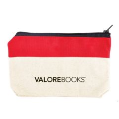 cotton cosmetic bag with a red top and main zippered compartment with an imprint saying Valore Books