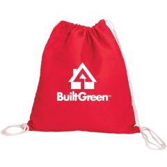 a red drawstring bag with an imprint saying Built Green