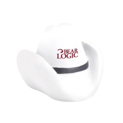 a white cowboy hat stress reliever with an imprint saying bear logic
