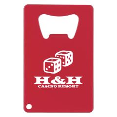 personalized red bottle opener with imprint on front