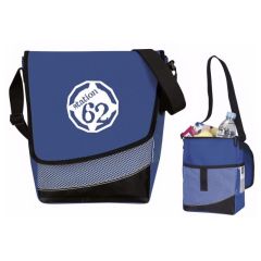 blue cooler bag with a mesh pocket and an imprint saying station 62