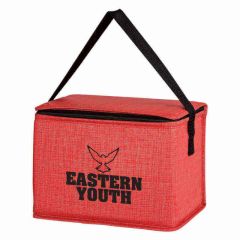 red crosshatch lunch bag with adjustable strap, zippered main compartment, and an imprint saying eastern youth