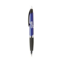 blue pen with a black grip and clip holder, silvertip and plunger, and an imprint saying Pella
