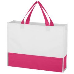 blank white tote bag with pink trim on bottom and handles