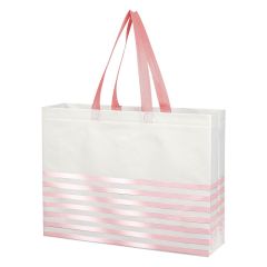 white tote bag with pink stripes and handles
