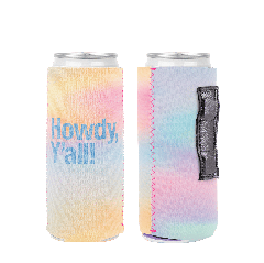 rainbow koozie with a can inserted and an imprint on the front saying your logo here