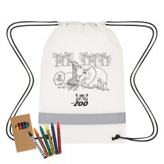 personalized custom non-woven drawstring bag with reflective strips and crayons