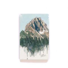 a soft touch notebook with a painting of mountains and trees imprint on the front