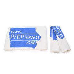 white rally towel with blue imprint saying www.prepiowa.org