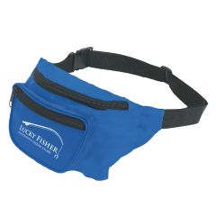personalized blue fanny pack with two zippered compartments and an imprint saying lucky fisher fishermen's dream store