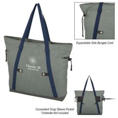 a gray tote bag with a navy trim, side bungee cord, snap sleeve pocket, and an imprint saying Classic 10 Financial