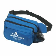 personalized blue fanny pack with three zippered compartments, side mesh pockets, and an imprint saying break down dance studio