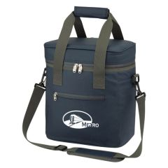 Navy and gray cooler bag with detachable strap, multiple compartments, and carrying handles