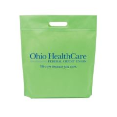 green non-woven tote bag with an imprint saying Ohio HealthCare Federal Credit Union We care because you care