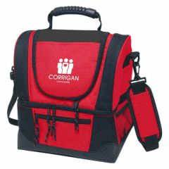 red and black cooler bag with detachable straps, carrying handle, multiple compartments, and an imprint saying corrigan community