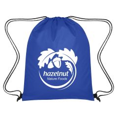 blue drawstring bag with an imprint saying hazelnut nature foods