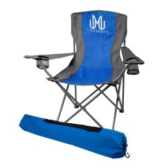 custom blue and gray foldable chair and an imprint with an M and two J's reflecting with text below saying university with a blue carrying bag
