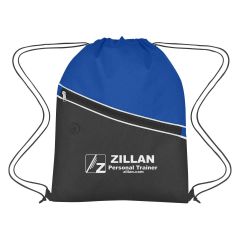 blue and black non-woven drawstring bag with a front zippered pocket and an imprint on the front saying zillan personal trainer