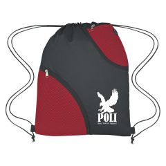 black and red drawstring bag with two front zippered mesh pockets, an earbud slot, and an imprint on the bottom right saying poli hand tailored apparel