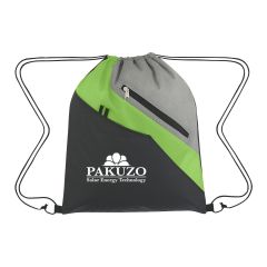 black and green drawstring bag with front pocket, front zippered pocket, key loop, and an imprint saying pakuzo solar energy technology