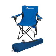 customized blue foldable chair with two mesh pockets and a matching color carrying bag. The blue chair has an imprint text saying inkmen inc.