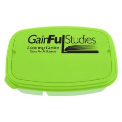 green food container with lid for utensils and an imprint on the top saying gainfu studies learning center