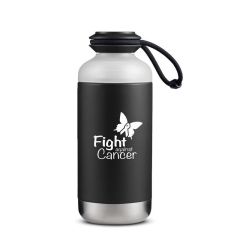 stainless steel water bottle with a lid with a strap and an imprint saying Fight Against Cancer