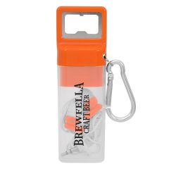 personalized orange bottle opener and earbud kit with an imprint saying brewfella craft beer
