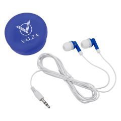 blue protective case with a logo that has a circle and a striped v inside of it with text below saying valza and a white and blue earbud with a cable tie wrapped around it