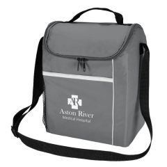 gray lunch bag with adjustable strap and side mesh pocket and an imprint saying aston river medical hospital