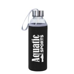 personalized glass bottle with black and gray Neoprene Sleeve and gray easy carry strap on top of silver lid