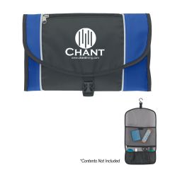 black toiletry bag with blue trim, buckle closure, and front zippered compartment, several inside pockets, and an imprint saying chant and www.chantliving.com