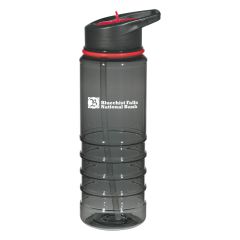 personalized black plastic bottle with red and black lid and an imprint saying bluechist falls national bank