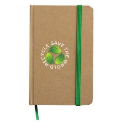 Eco-inspired journal with black bookmark and strap and an imprint saying home energy solar power