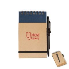 pocket notepad with blue trim, black elastic band, black pen, and an imprint saying Universal Academy