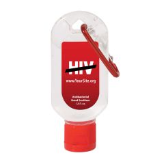 travel size hand sanitizer with red label with text saying hiv with a black dash across it and www.yoursite.org, antibacterial hand sanitizer, and 1.8 fl. oz. below it and including matching colored carabiner and cap