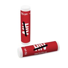 white lip balm with an imprint of a red background and white text saying hiv with a black dash across it